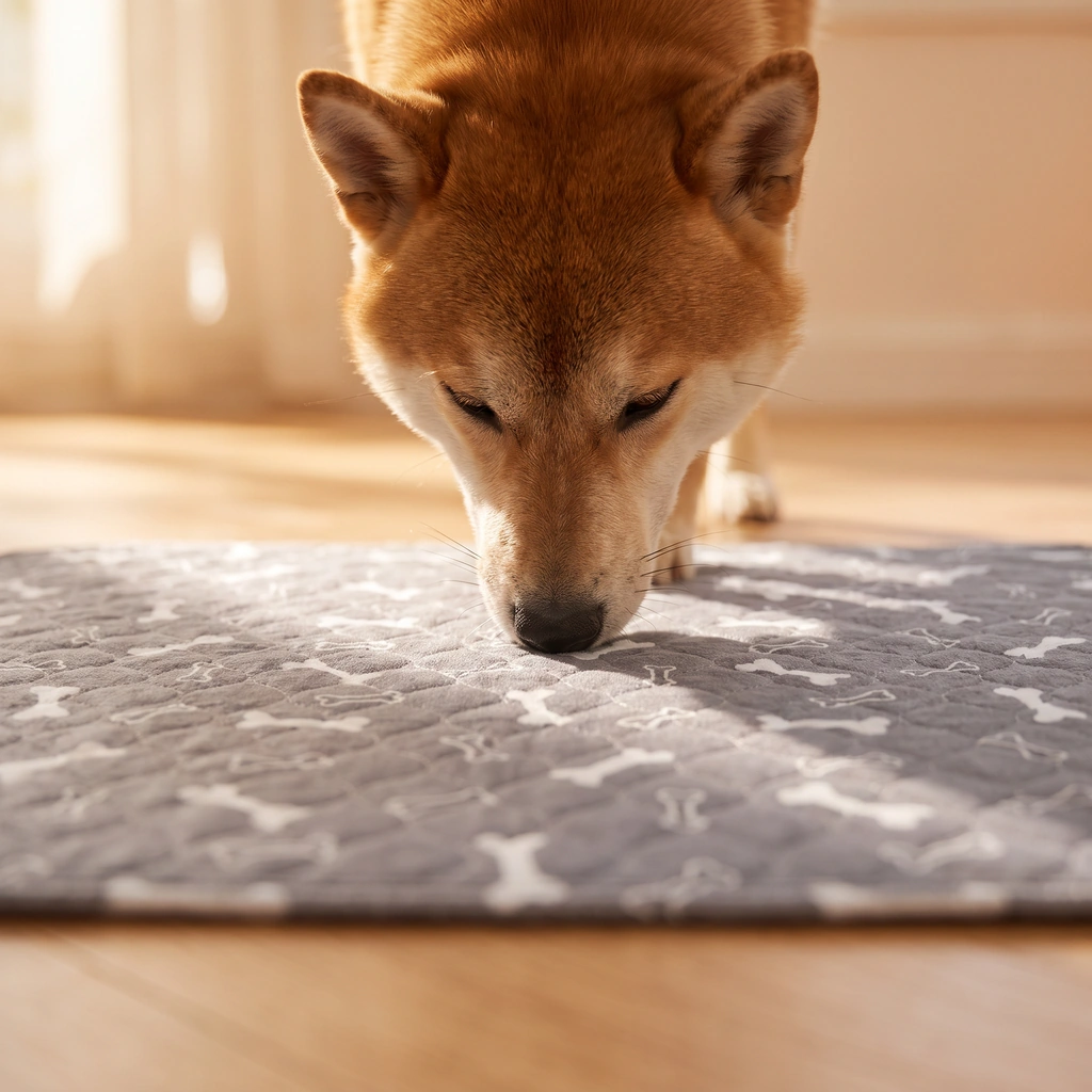 Le chien renifle le centre du tapis