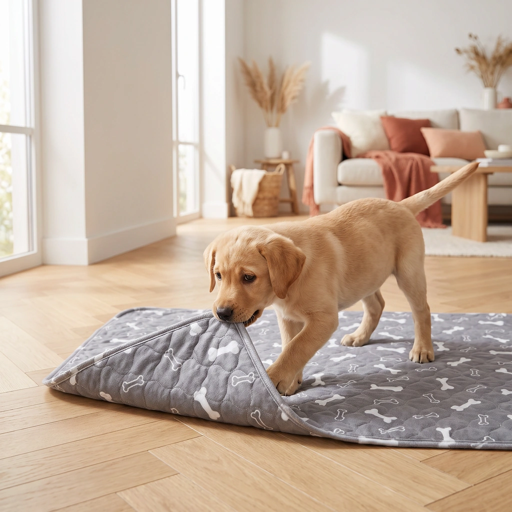 Un chiot tire sur le tapis