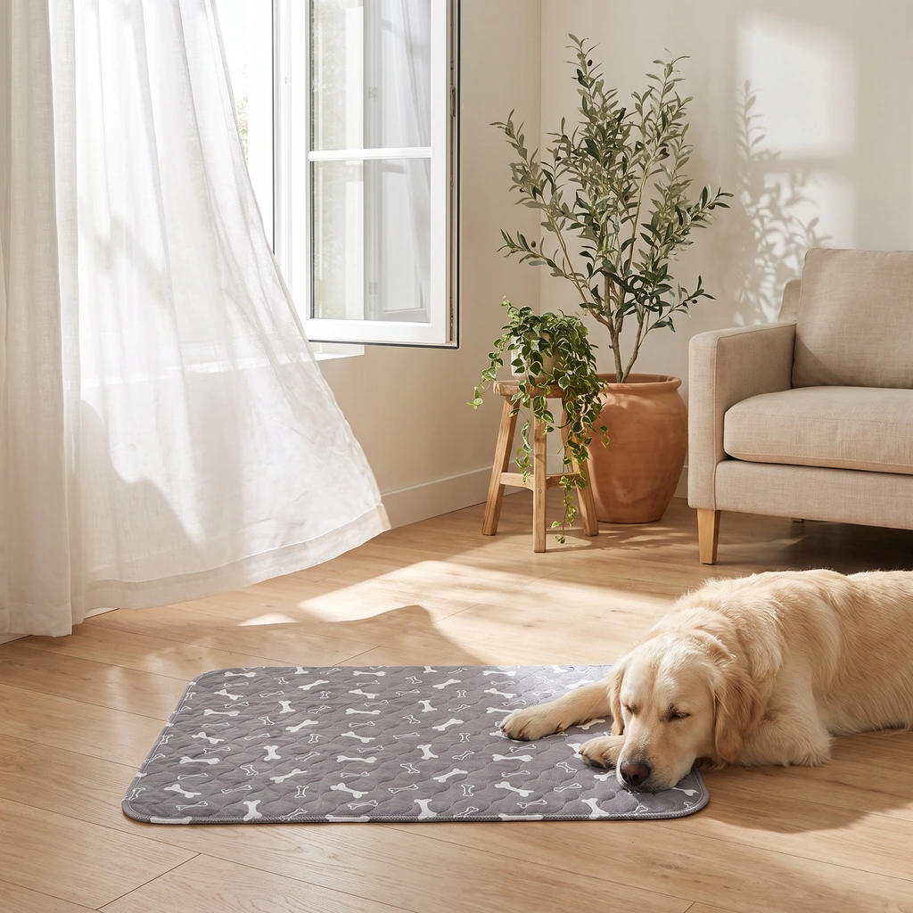 Un chien couché près du tapis dans un salon lumineux