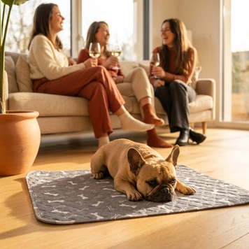 Des invités au salon, le chien sur son tapis
