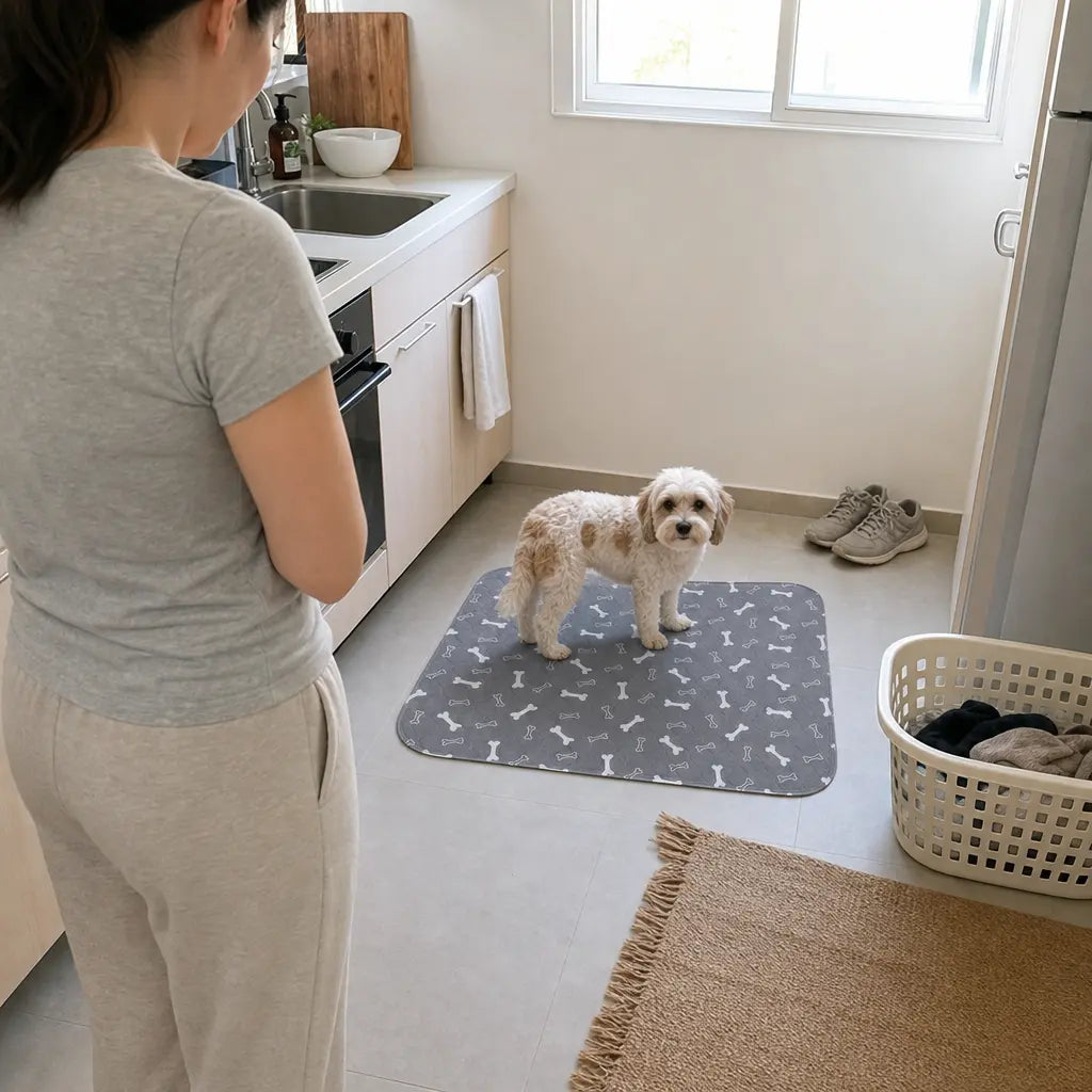 Praline sur son tapis dans la cuisine