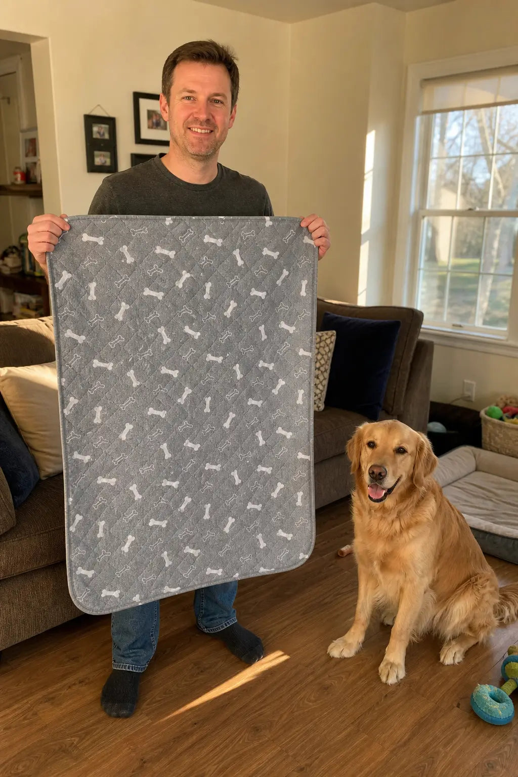 Didier M. tient son tapis à côté de son chien